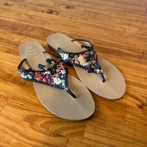 Jack Rogers Alana Floral Navy Blue Tassel Thong Sandals Flat Size 10